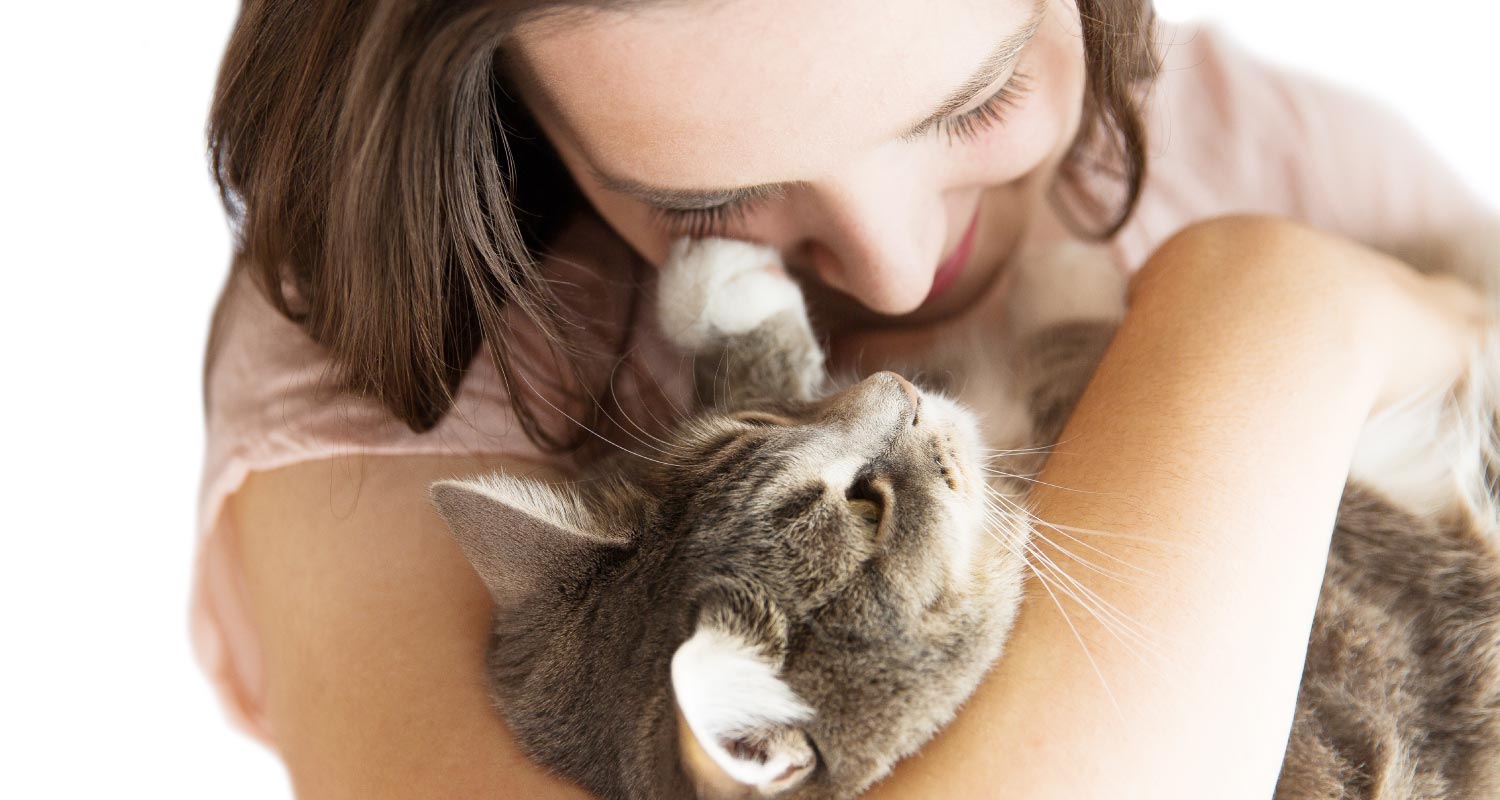 Close up of woman cuddling a cat